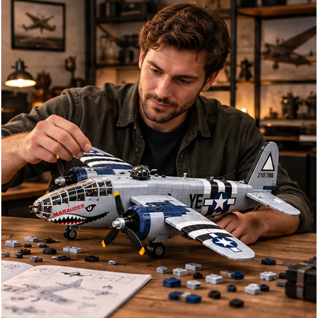 Adult model-building enthusiast working on a silver-gray B-26 Marauder brick aircraft at a wooden table with loose bricks and instructions