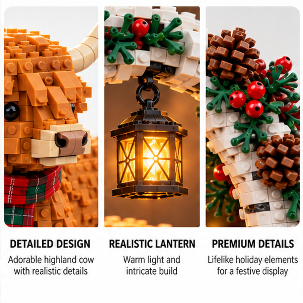 Christmas Highland Cow building set features