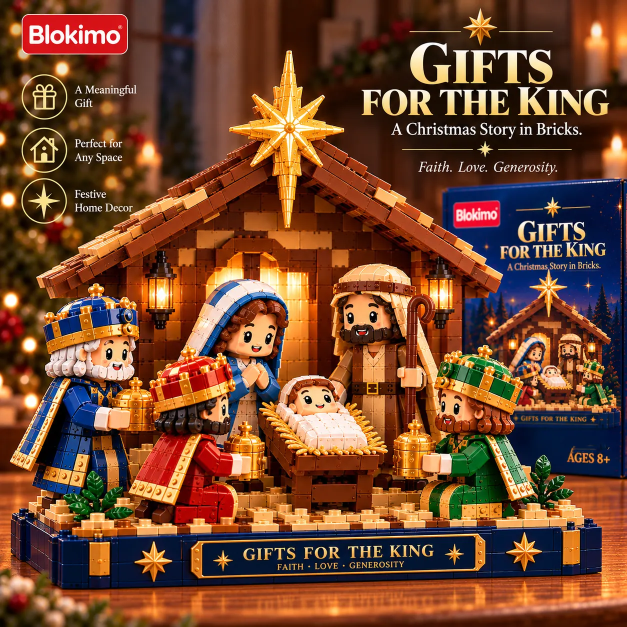 Christmas Nativity brick building set with golden star, brown stable, Mary, Joseph, baby in manger, three crowned visitors, navy display base, and illustrated product box.