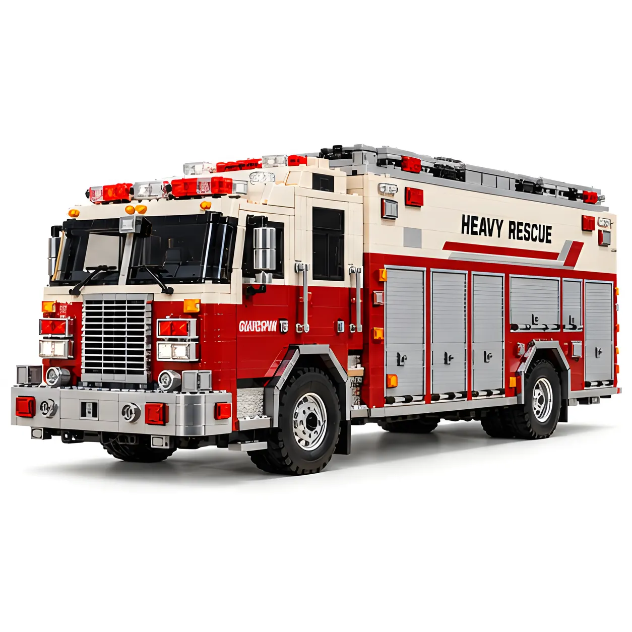 Brick-built rescue truck with cream-and-red cab, roof warning-light accents, and a row of silver shutter compartments against a white background.
