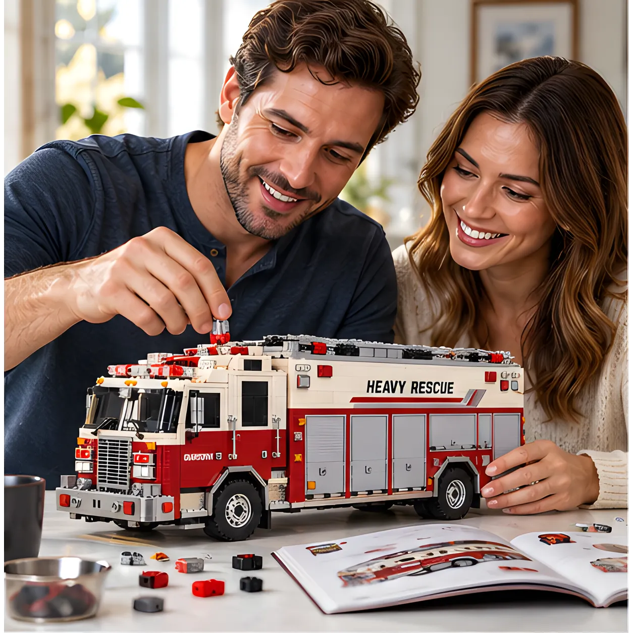 Two adults assembling a brick-built rescue truck with red body panels and a cream cab at a table with small pieces and building instructions.