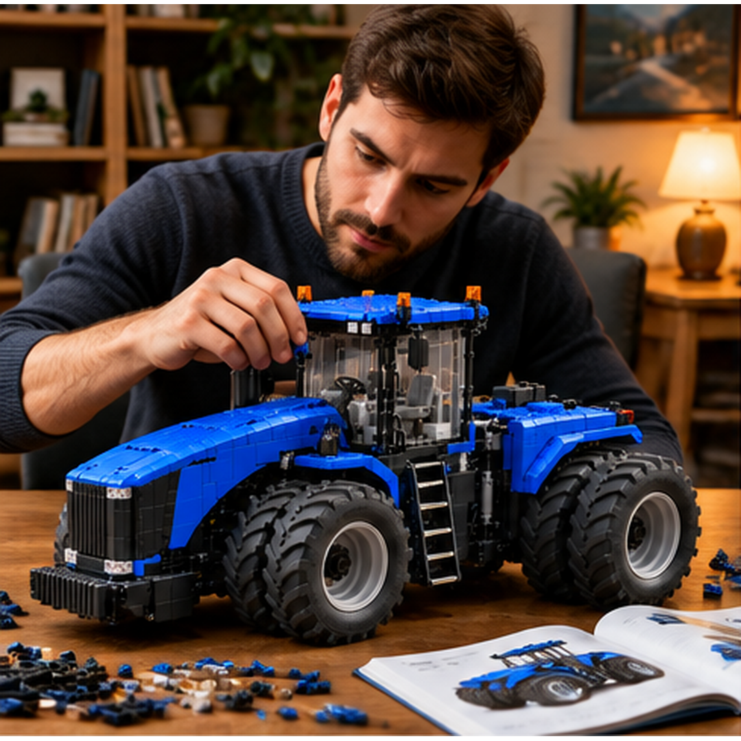 Adult hobbyist building a blue tractor model at a table with loose blue and black bricks