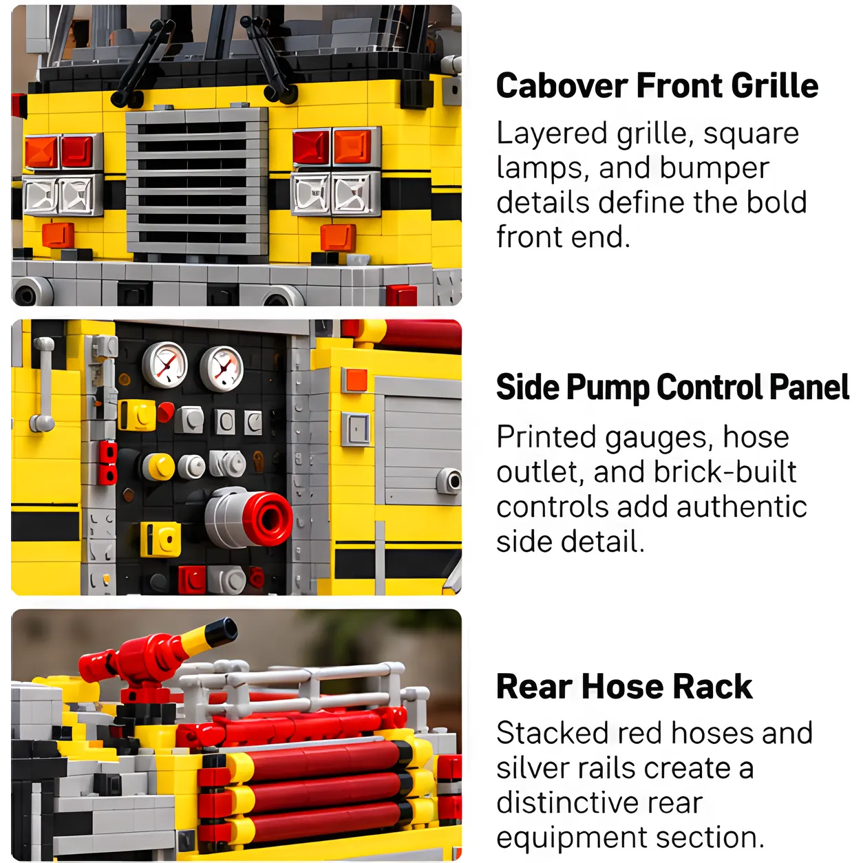 Three close views of the fire pumper showing the squared cabover grille, gauge-filled side pump controls, and stacked red rear hose section with silver rails.