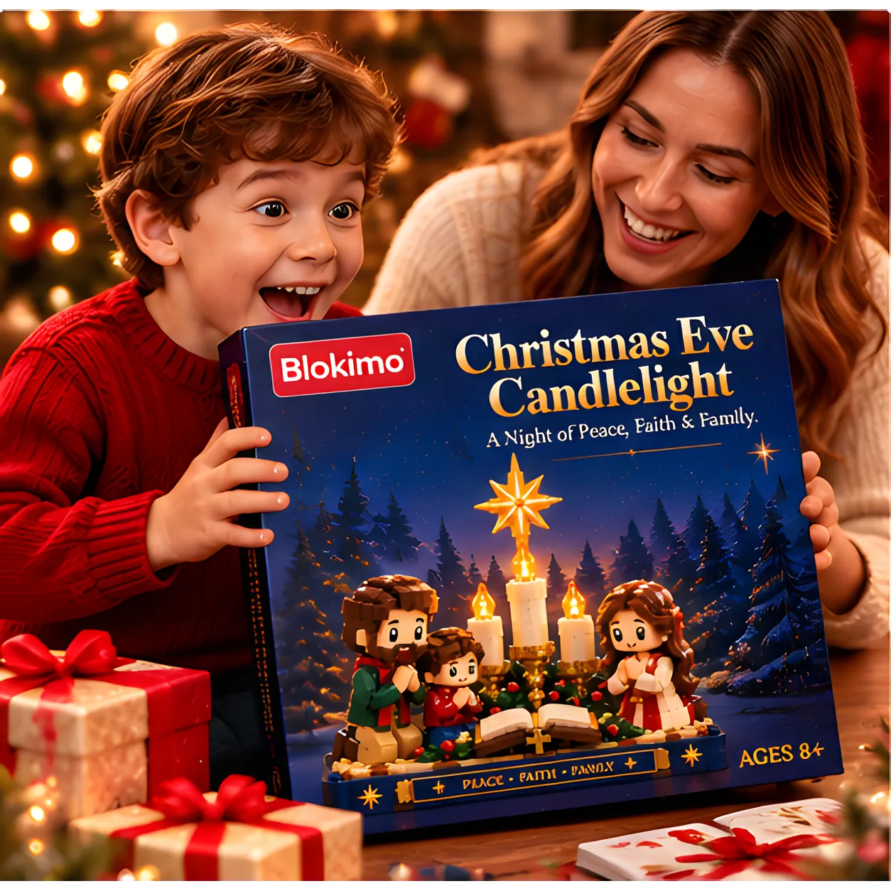Adult woman and child holding an illustrated Christmas Eve Candlelight building set box beside wrapped holiday presents.