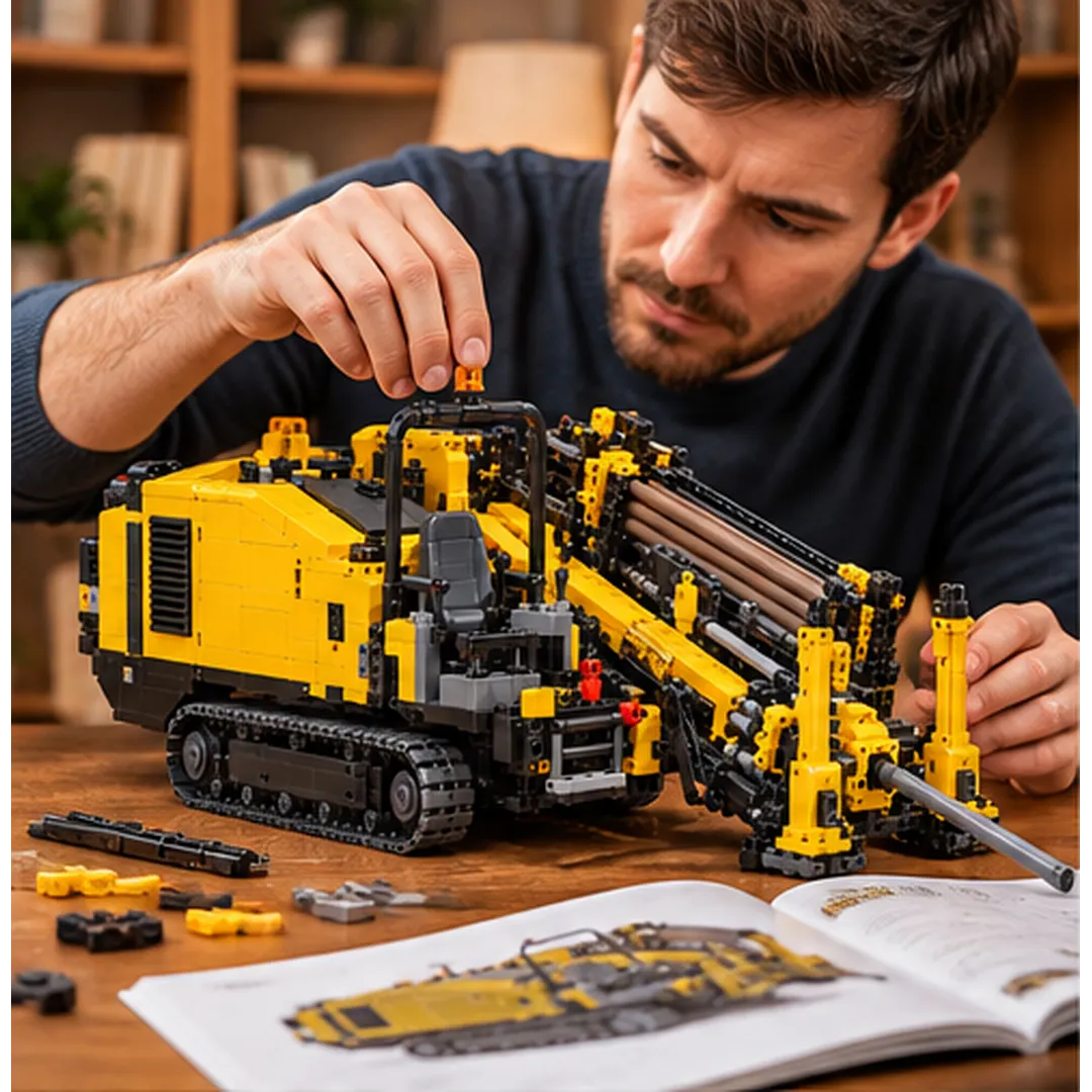 Adult builder working on a yellow horizontal directional drill brick model at a wooden table with loose components and illustrated instructions