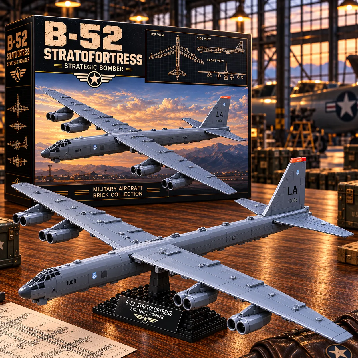 Gray B-52 Stratofortress eight-jet brick model on a black display stand beside its illustrated collector-style box in a warm aircraft hangar scene