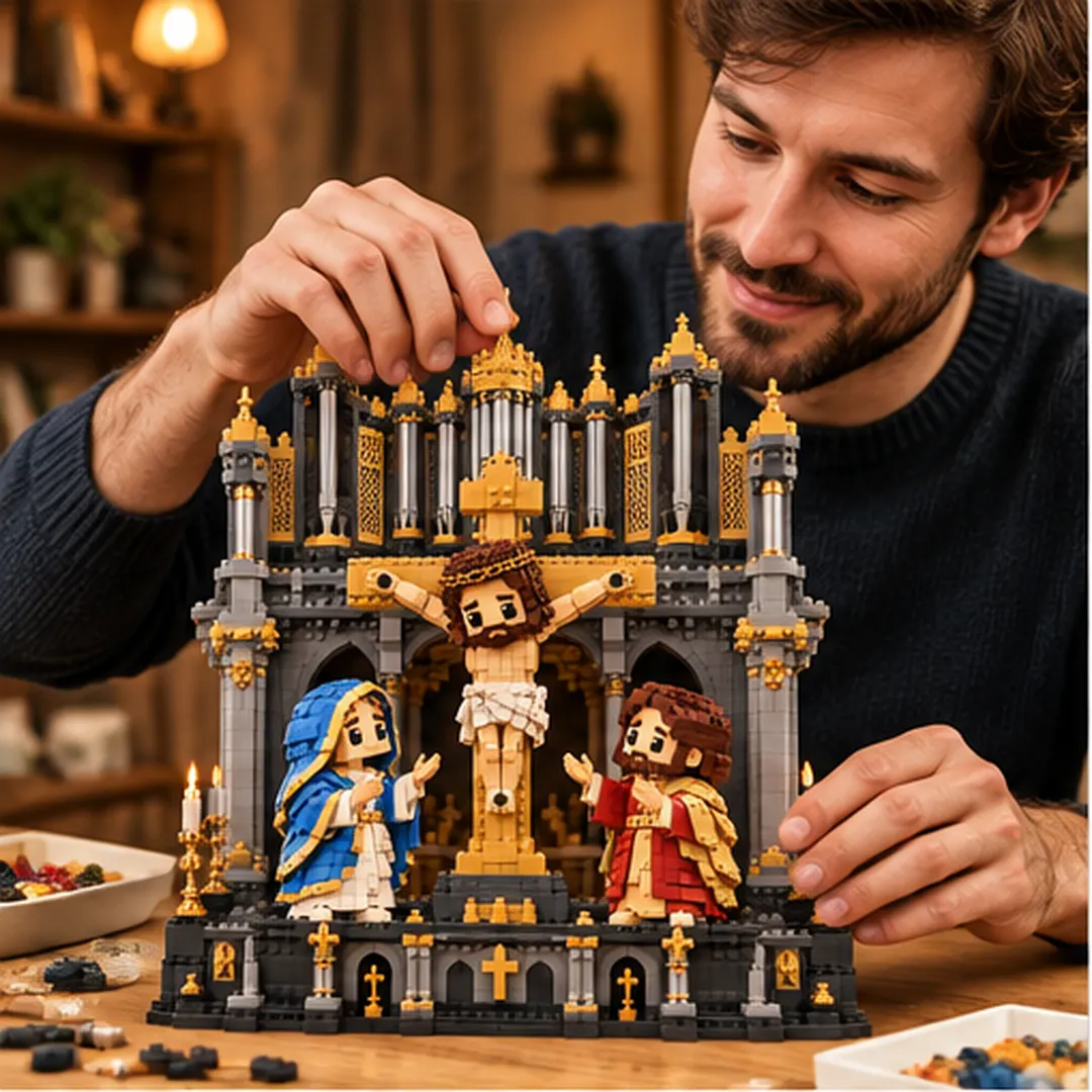 Builder assembling Crucifixion Cathedral building set
