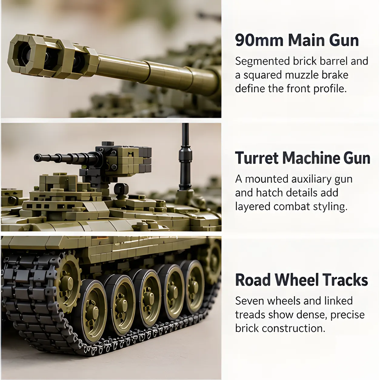 Three close-up views showing the segmented tank cannon with angular muzzle brake, turret roof machine gun, and road wheels with dark track links.