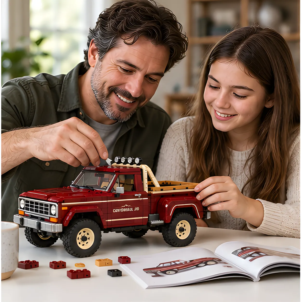 Two adults working together on a burgundy stepside pickup brick build at a table with loose building pieces and an open instruction booklet.