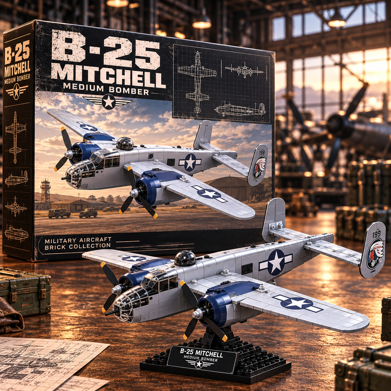 B-25 Mitchell WWII medium bomber building model on a black display stand beside aviation-themed collector box in a vintage hangar scene