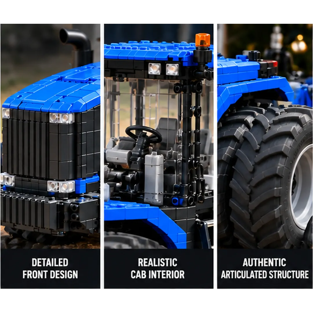 Three detail photographs of the brick tractor front grille, transparent cab interior, and large paired tires