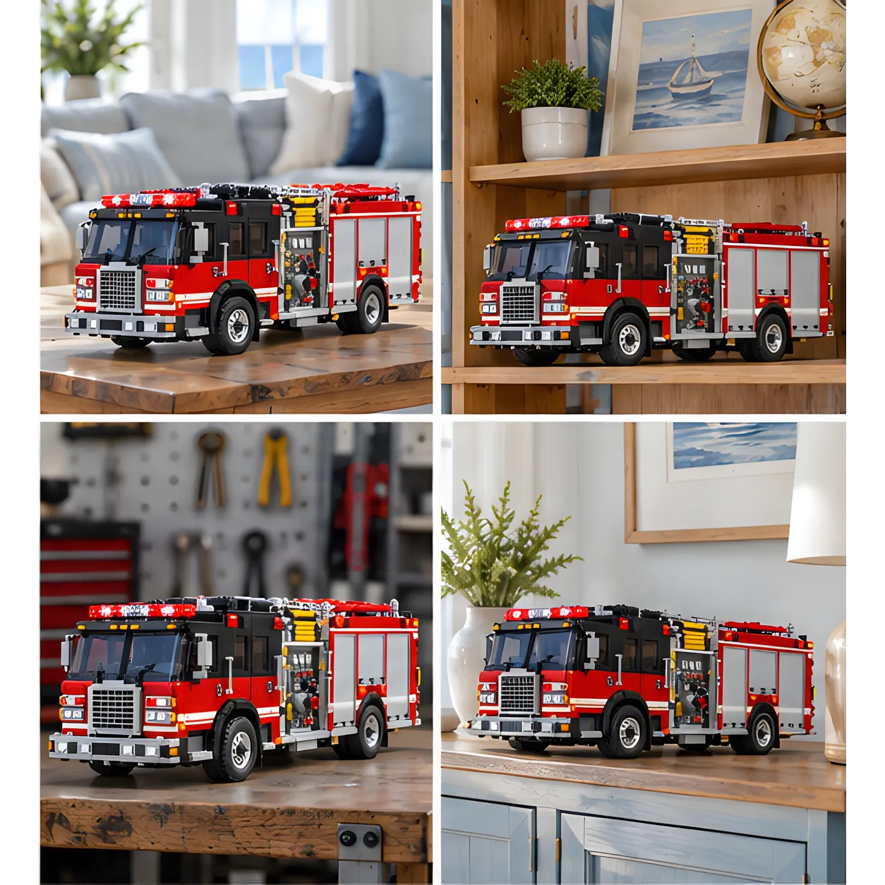 Four indoor settings for a red-and-black brick fire pumper: living room table, wooden shelf, workshop bench, and home cabinet.