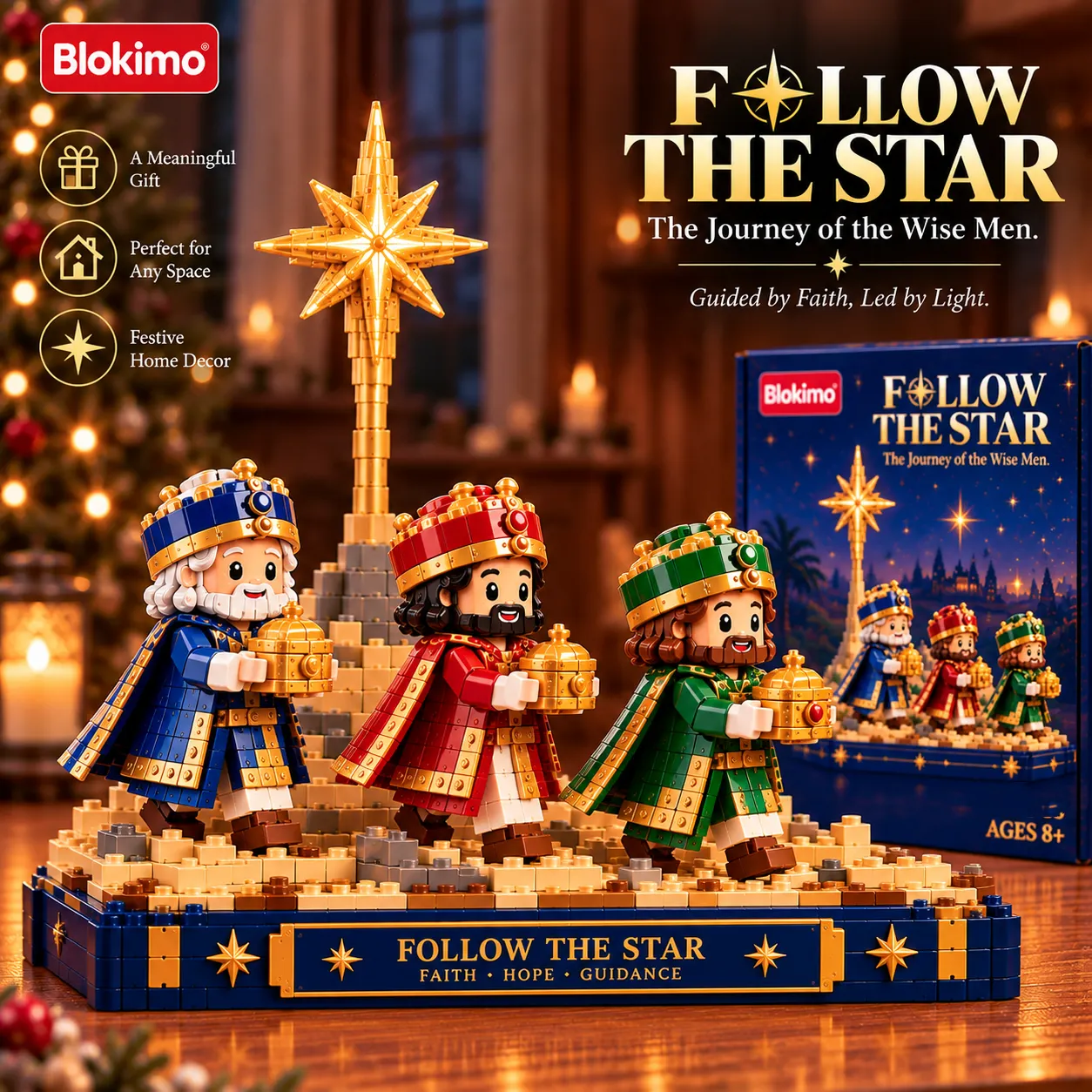 Follow the Star brick display with three wise men, golden Bethlehem star and Blokimo packaging