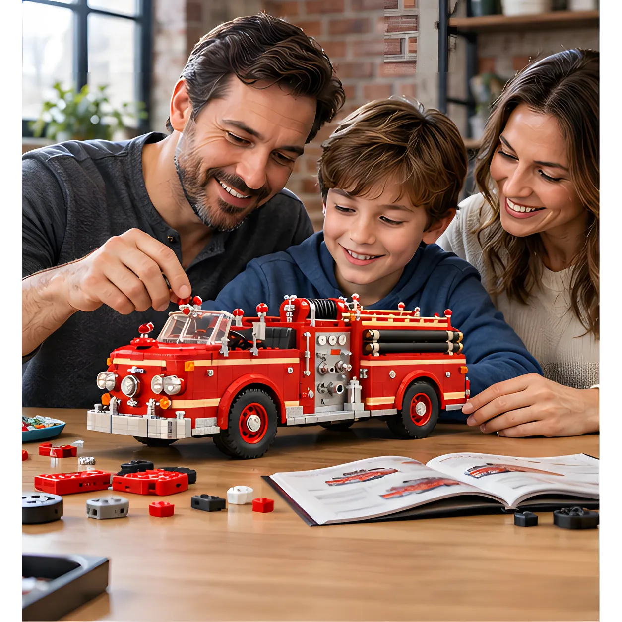An adult man, adult woman, and child gathered at a table with a red brick-built open-cab fire pumper, loose building pieces, and instructions.