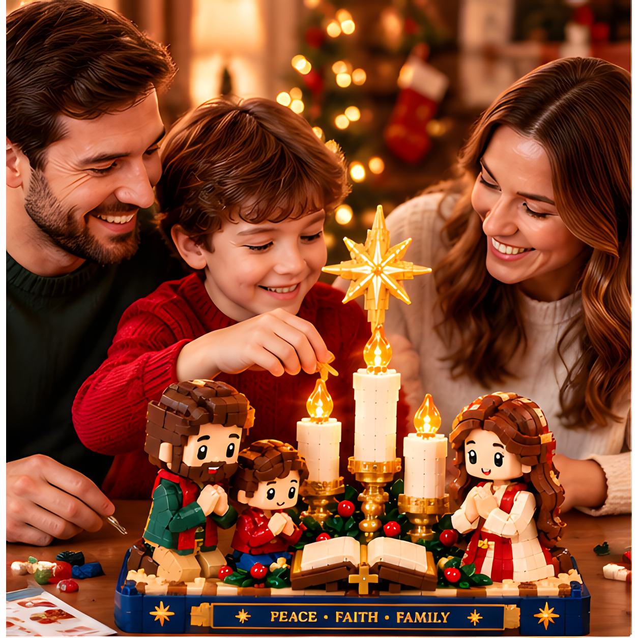 Two adults and a child gathered around a Christmas Eve brick build with golden star, ivory candles, kneeling family characters, and open book.