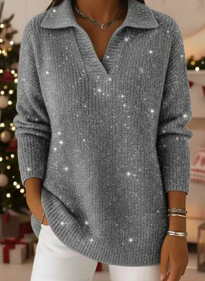 🎄 New Arrivals🔥Christmas Party Polo Collar Shiny Loose Sweater Top