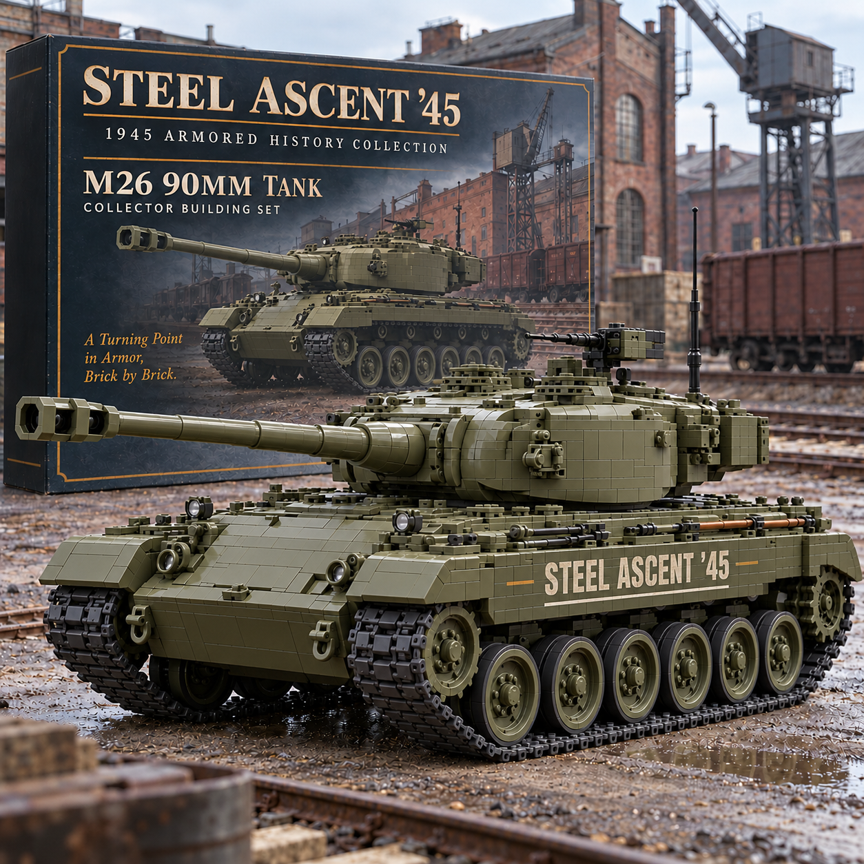 Olive-drab Steel Ascent ’45 tank brick building set with a long cannon, broad turret, dark tracks, and illustrated product box in an industrial rail yard.