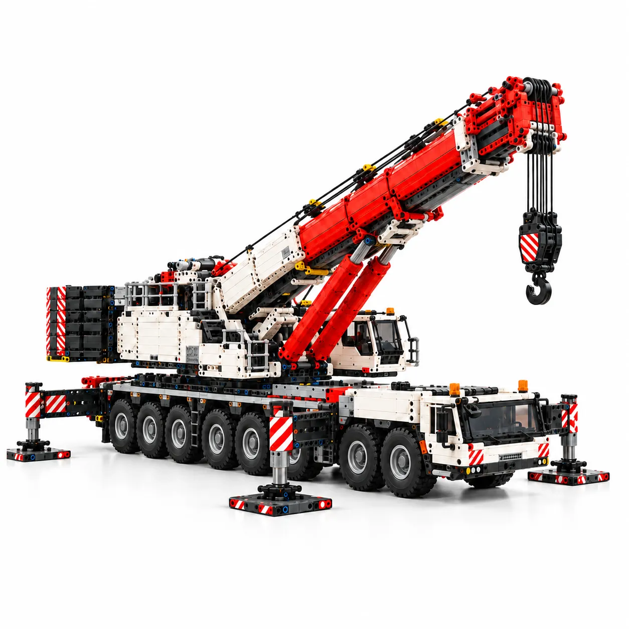 Clean white-background image of the complete eight-axle crane brick building model
