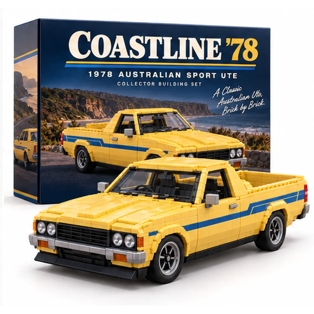 Full yellow COASTLINE ’78 brick-built ute and illustrated collector packaging against a white background