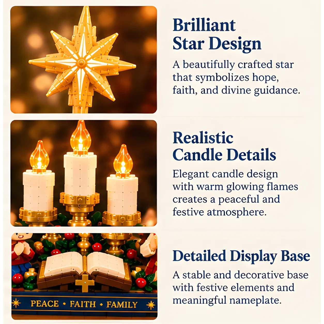Three close-ups from top to bottom showing the layered golden starburst, ivory candles with amber flame shapes, and open book above the navy nameplate.