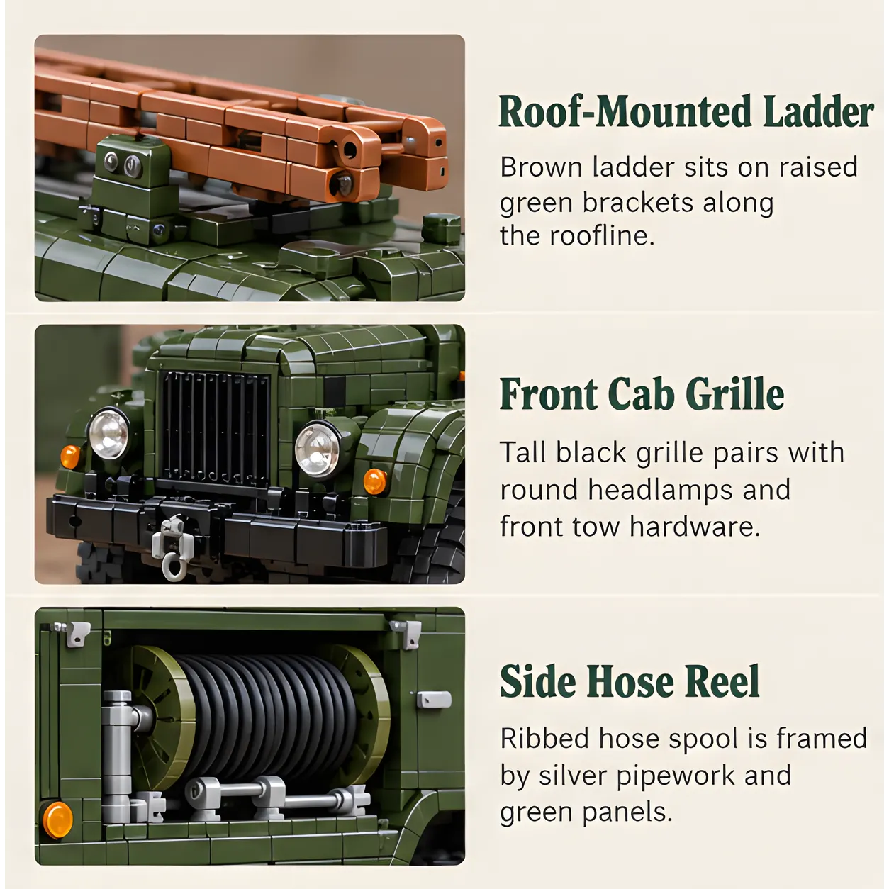 Three close-up views showing elevated ladder supports, the tall black front grille with round lamps, and the recessed side hose reel.