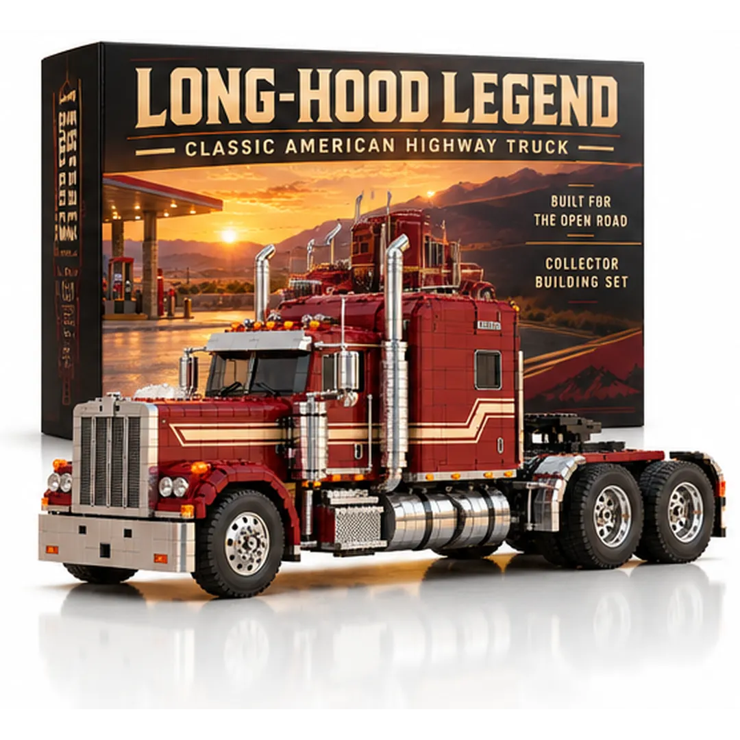 Complete burgundy and cream classic American highway tractor building set on white background