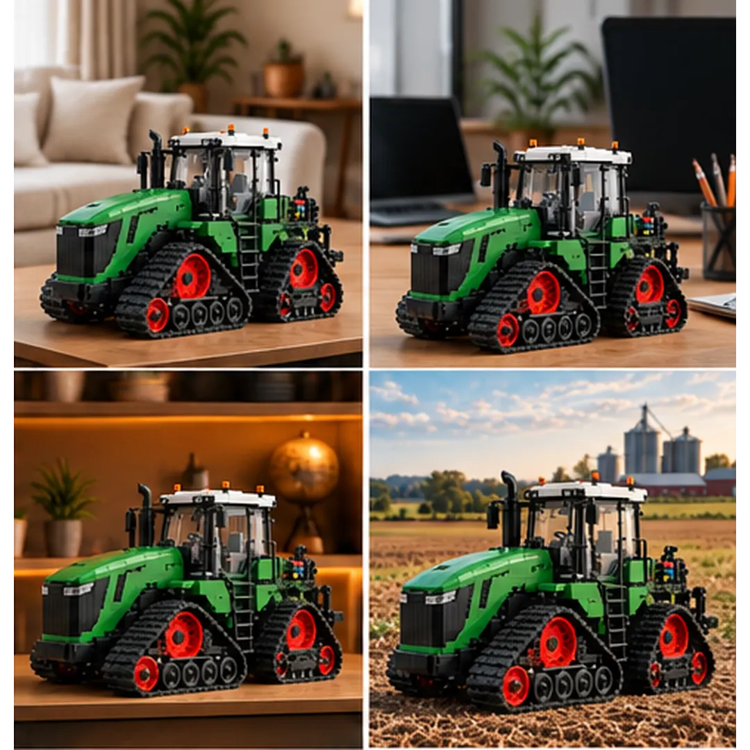 Green and red tracked tractor collector model displayed in a living room, office, shelf and farm-inspired setting
