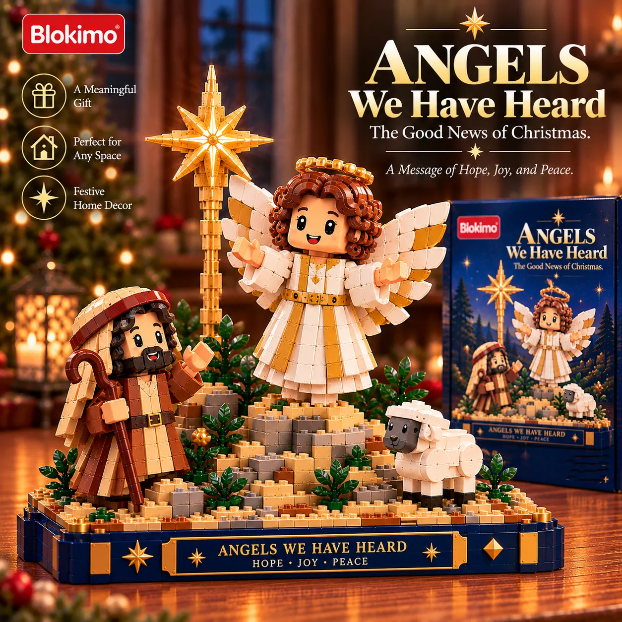 Angels We Have Heard Christmas brick building set with golden star, white-winged angel, shepherd, sheep, and illustrated box beside a Christmas tree