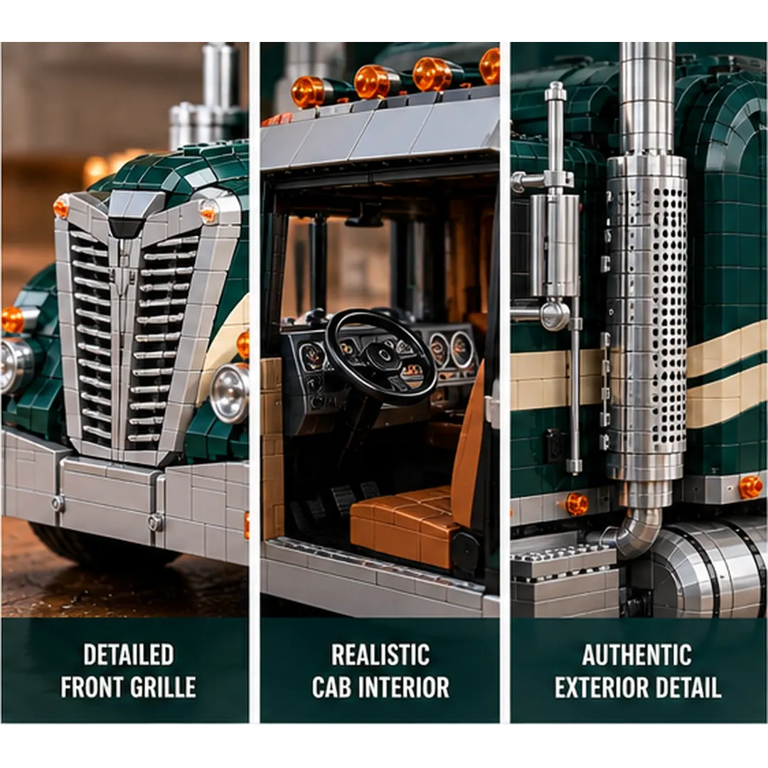 Three close-ups of the semi-truck building model showing sculpted front grille, visible cab interior, and silver-toned exhaust stack