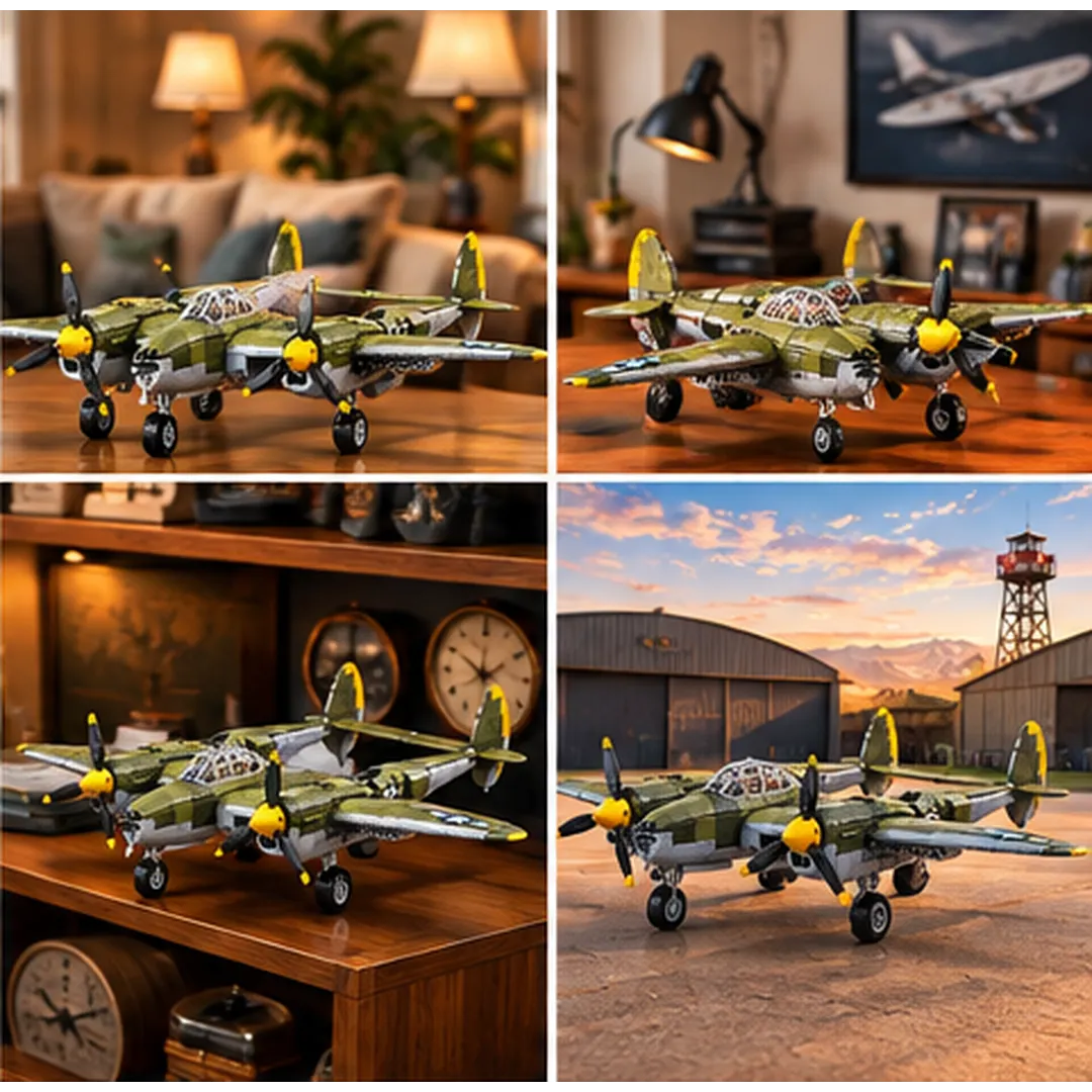 Olive-green twin-engine fighter brick model displayed in several home, office and vintage-airfield settings