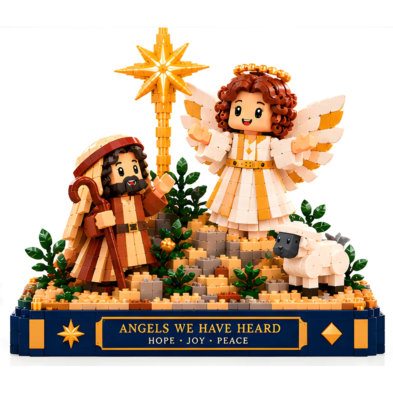 Front view of the assembled angel, shepherd, and sheep Christmas brick build on a navy-and-gold base against a white background
