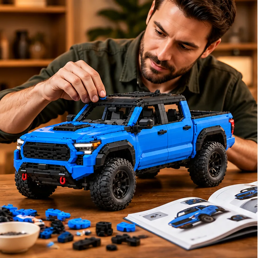 Adult builder assembling the blue off-road pickup model with individual bricks