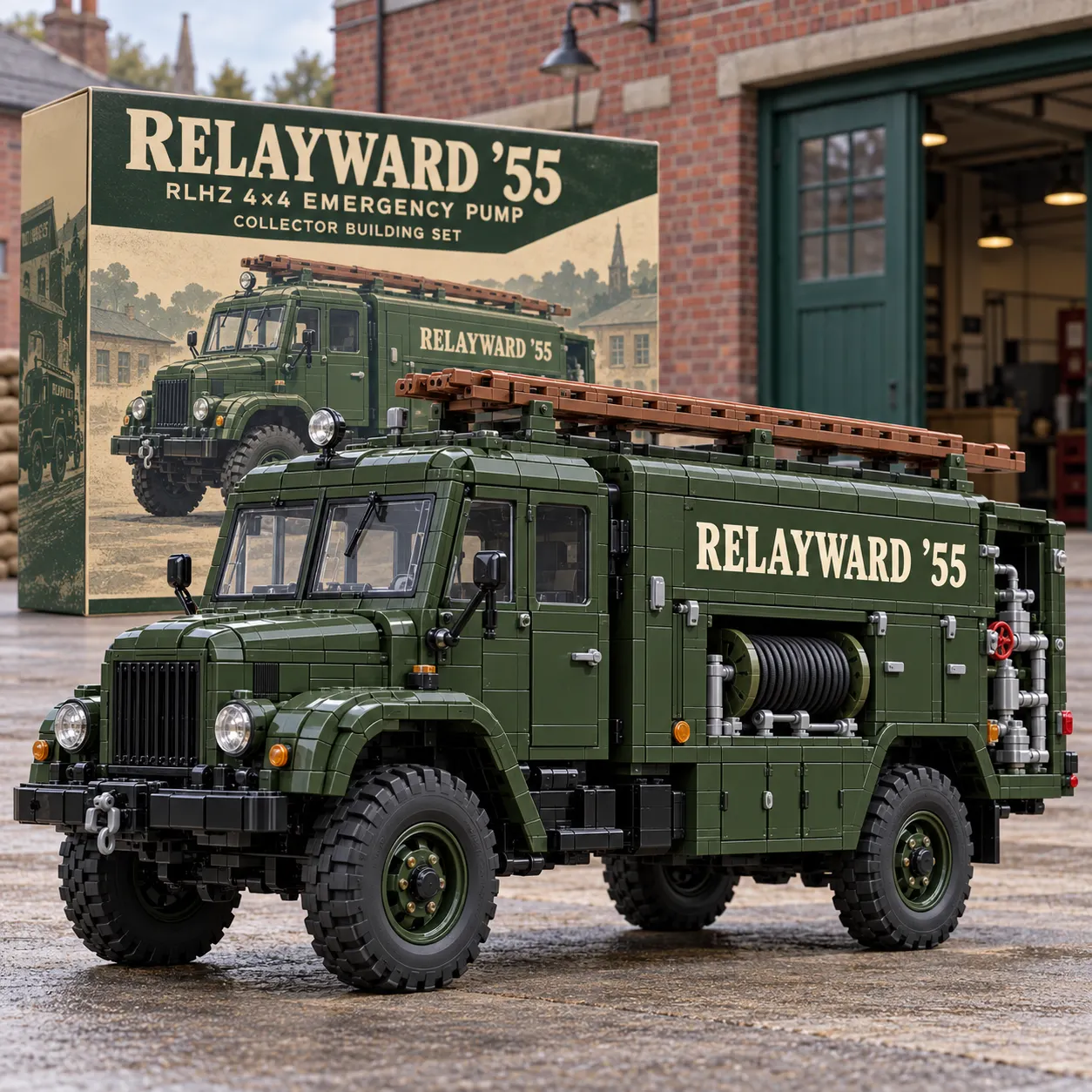 Olive-green brick-built emergency pump truck with a long roof ladder, side hose reel, round headlamps, and rugged tires outdoors.