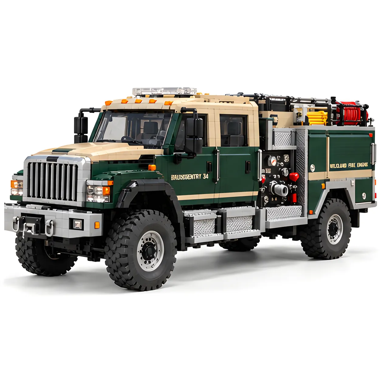 Three-quarter view of the Brushsentry 34 brick-built fire truck with a crew cab, rugged tires, side gauges, and red roof hose.