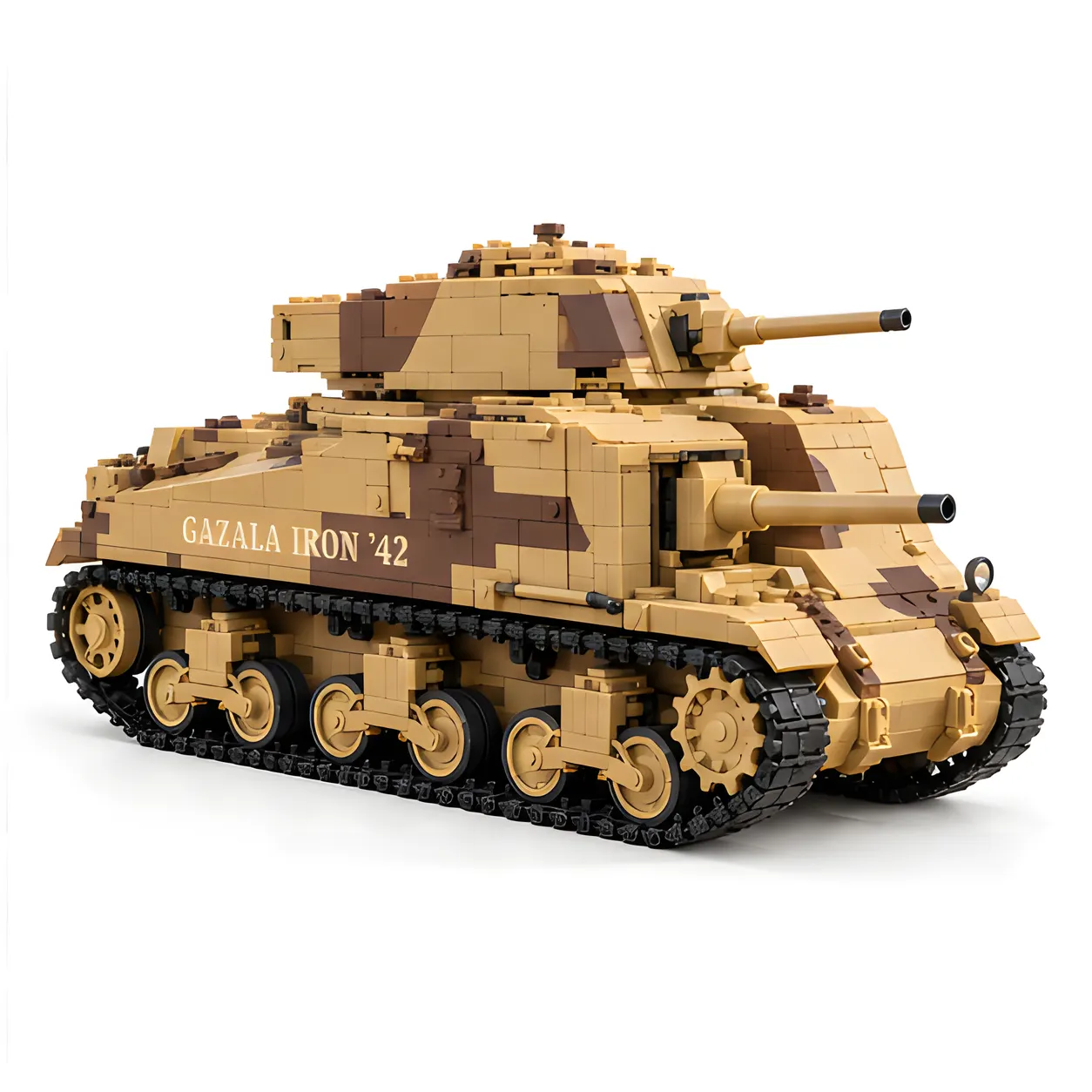 Gazala Iron ’42 brick-built tank against a white background showing two gun positions, angled front armor, paired road wheels, and dark tracks