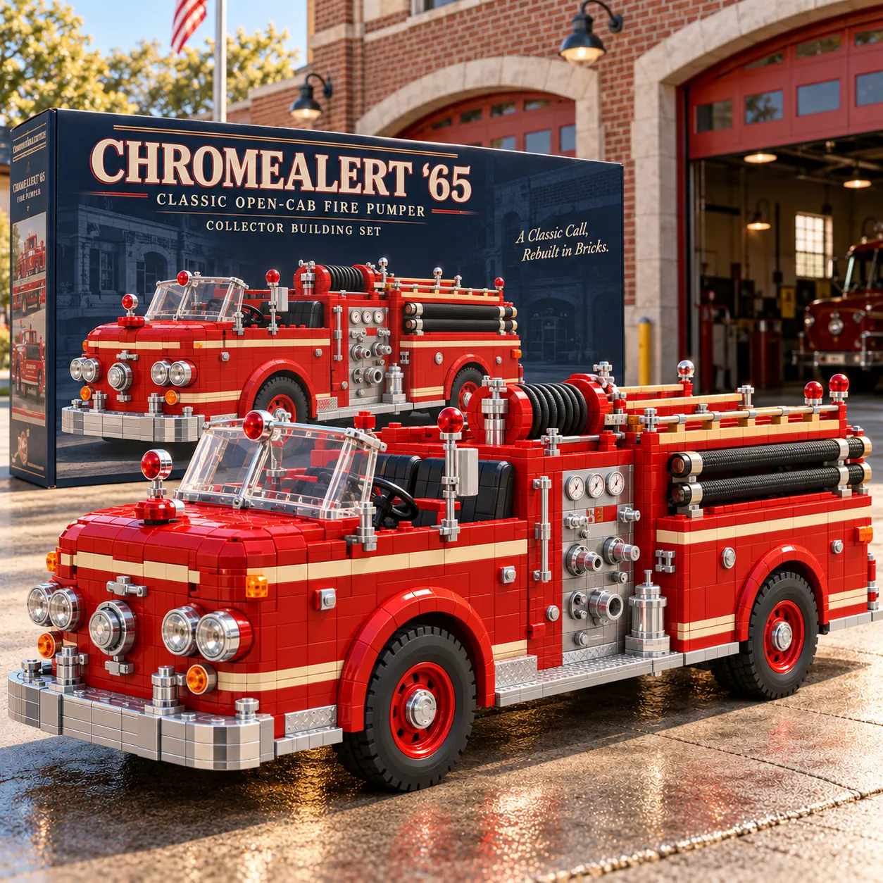 Red CHROMEALERT '65 open-cab brick fire pumper with chrome-look headlights, side pump gauges, black hoses, and cream stripes outside a fire station.
