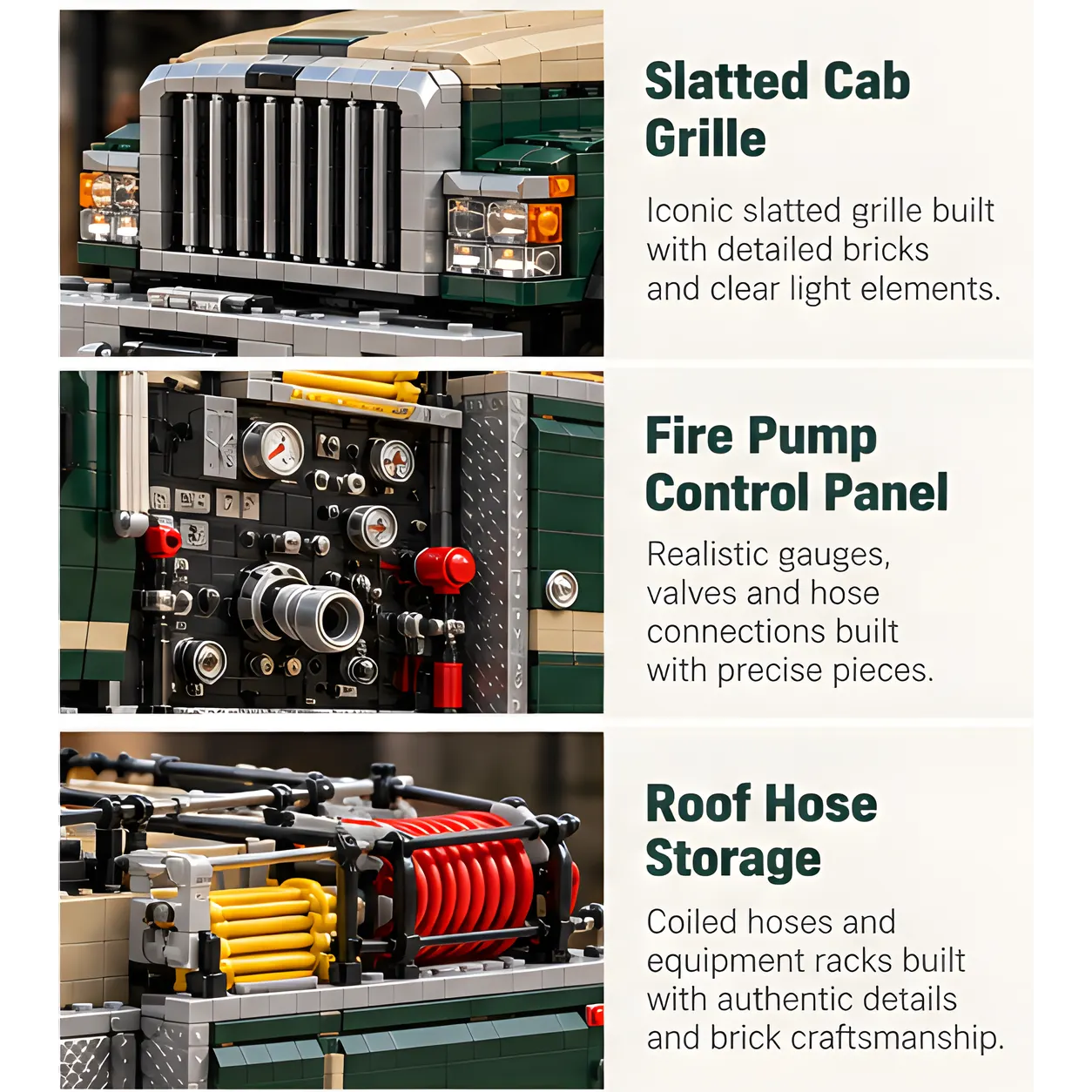 Three close-ups showing the vertical front grille, pump gauges and hose fitting, and red and yellow hose storage on the roof.