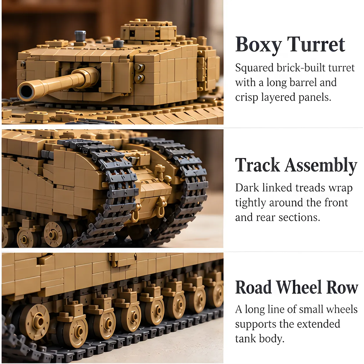 Three detail views showing angular tan gun turret, dark track links around the front end, and a row of small tan wheels