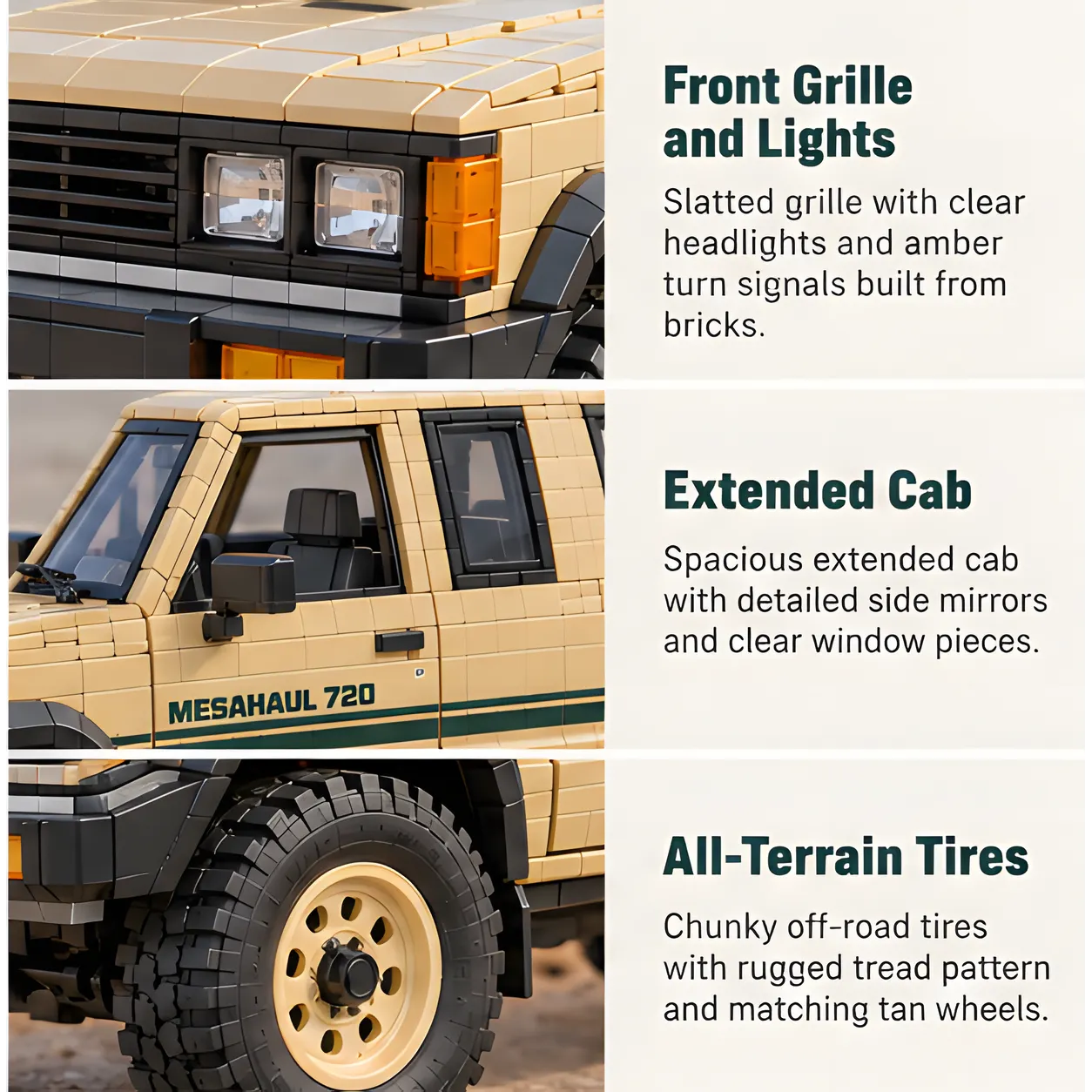 Three stacked close-ups showing the front grille and square headlamps, the cab windows and side mirror, and a deep-tread tire with a tan wheel.