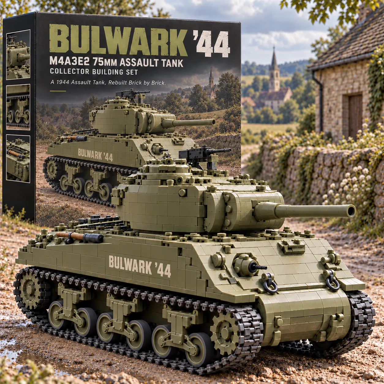Olive-drab BULWARK '44 brick-built assault tank with long main gun barrel and product box in an outdoor village setting.