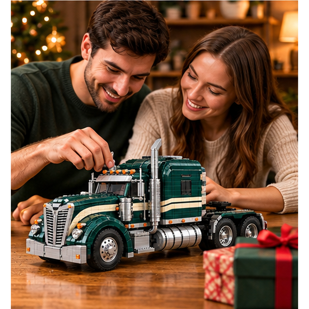 Two adults enjoying a green and cream truck brick model together beside wrapped holiday gifts