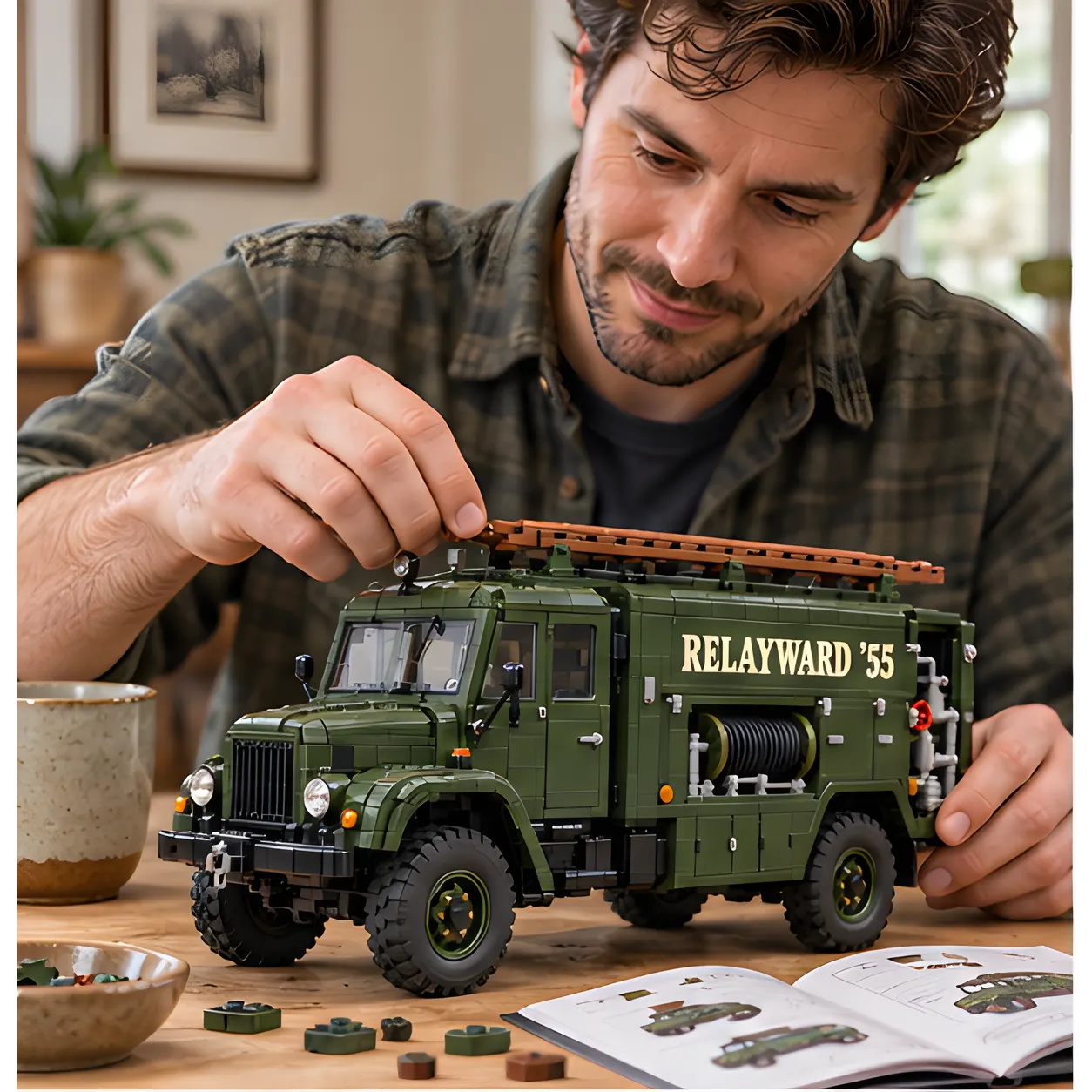 Adult builder assembling the long brown ladder area of an olive-green emergency pump brick build at a table.