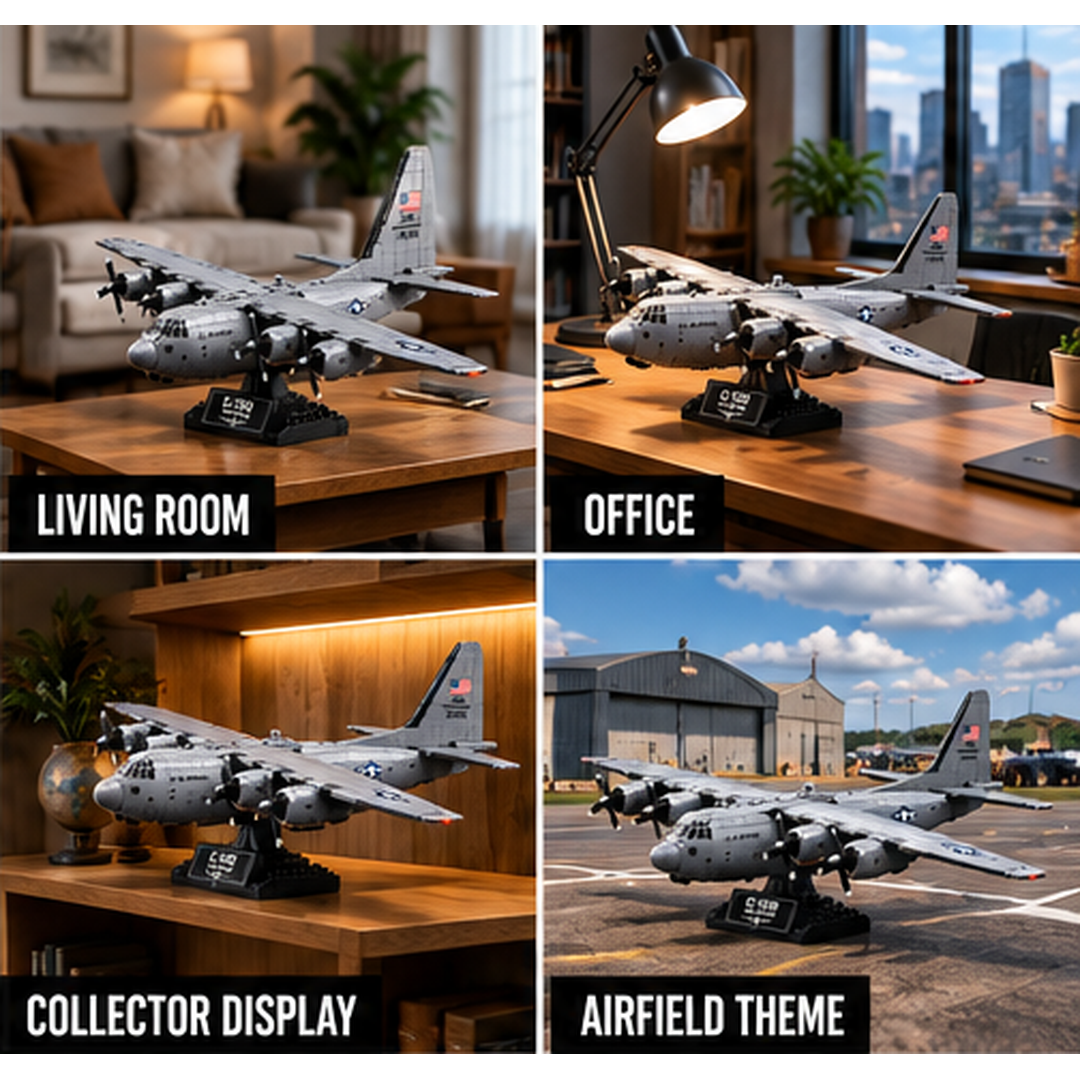 Complete gray C-130 Hercules building-brick model on its black display stand, against white