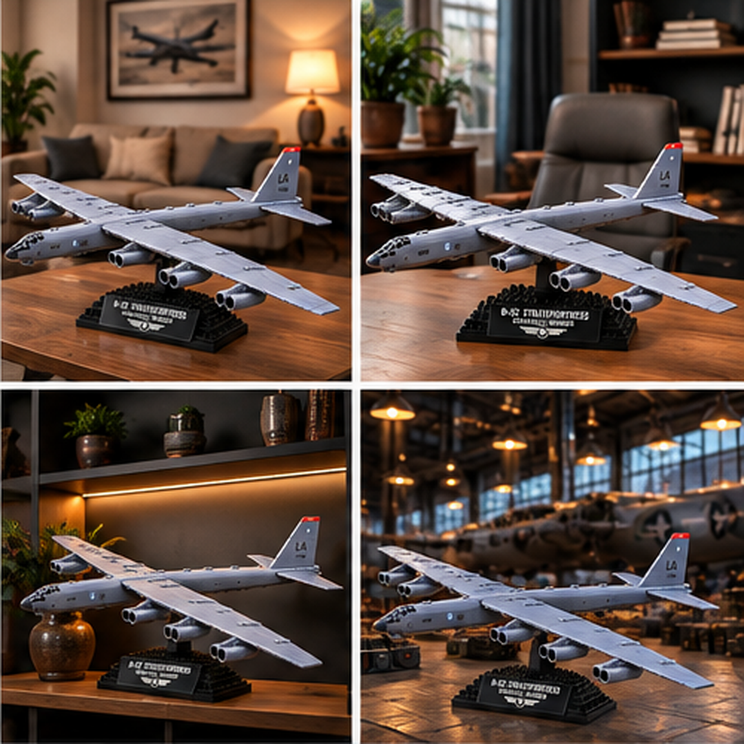 B-52 eight-engine brick-built strategic bomber on a black display base shown in a living room, home office, collector shelf, and aviation hangar setting