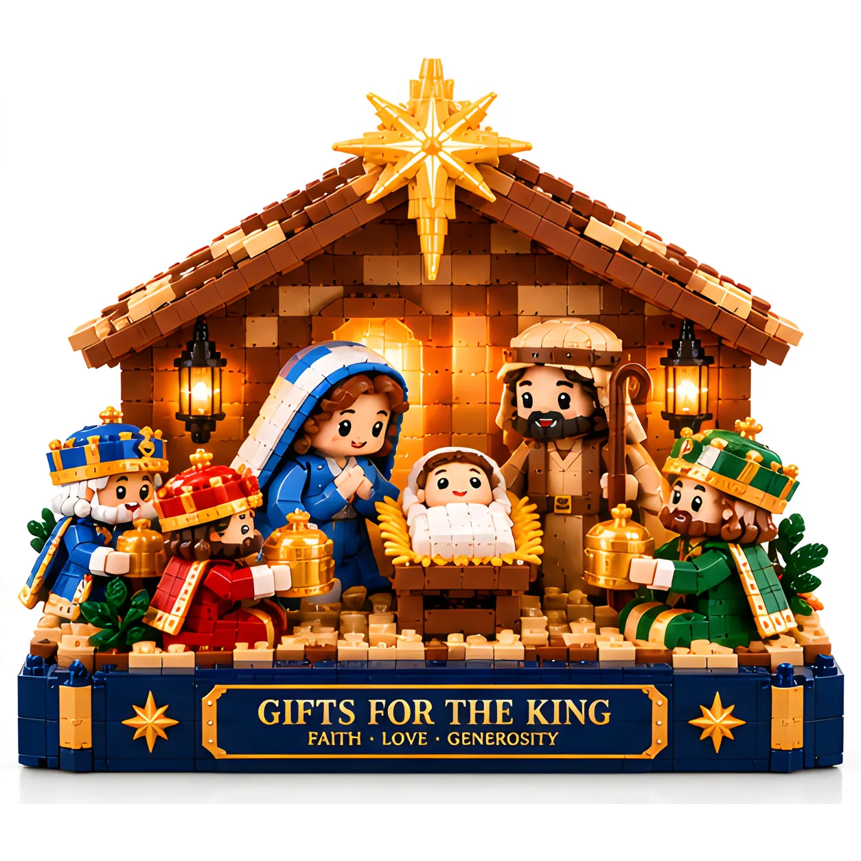 Front view of the complete Nativity brick build against a white background, showing the golden roof star, Mary, Joseph, baby in manger, and three crowned gift bearers.