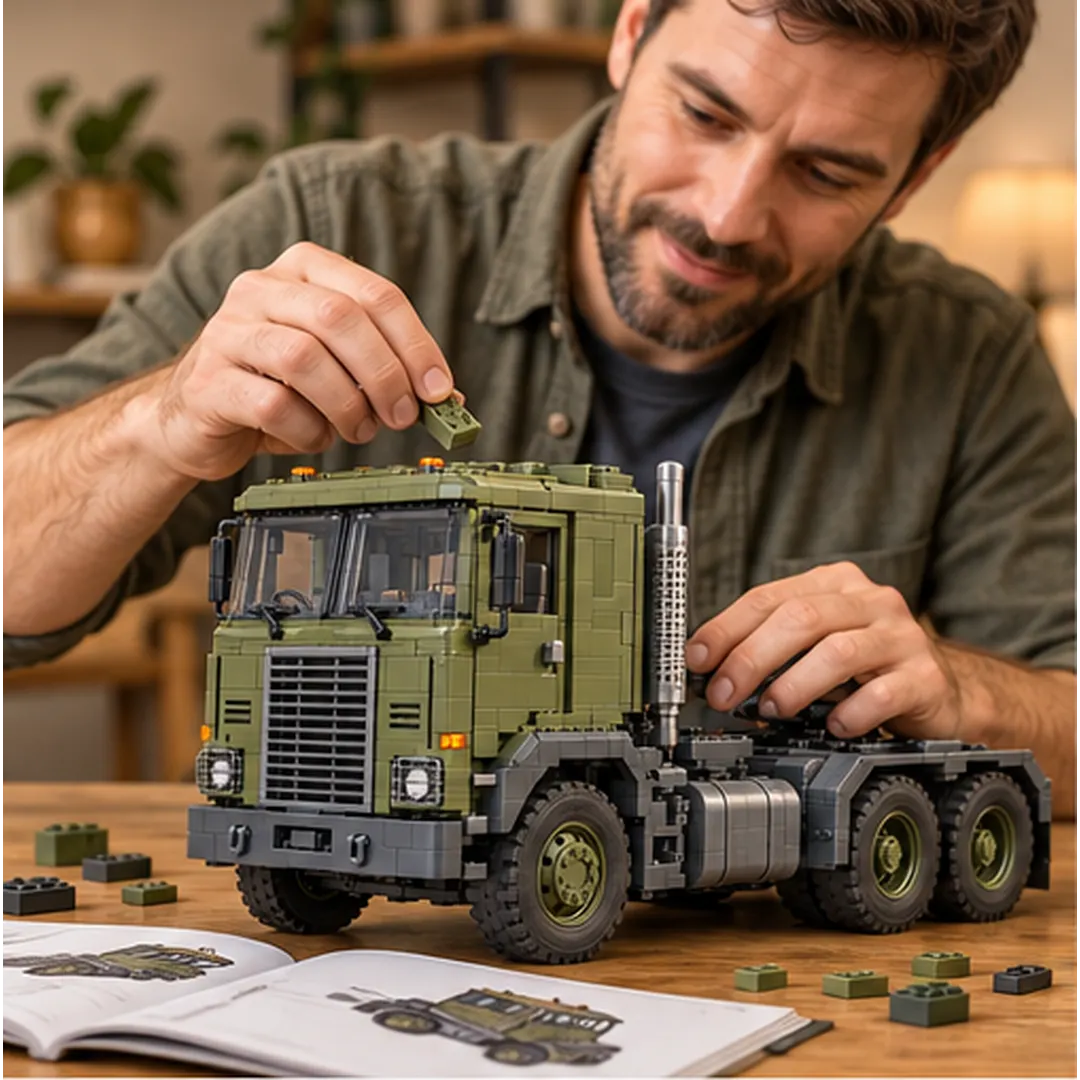 Adult builder adding an olive-green brick to the tractor cab with loose pieces and illustrated instructions on the table