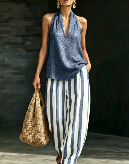 [Copy]Plus Size Friendly Classic Cozy Striped Cotton-linen Two-piece Set