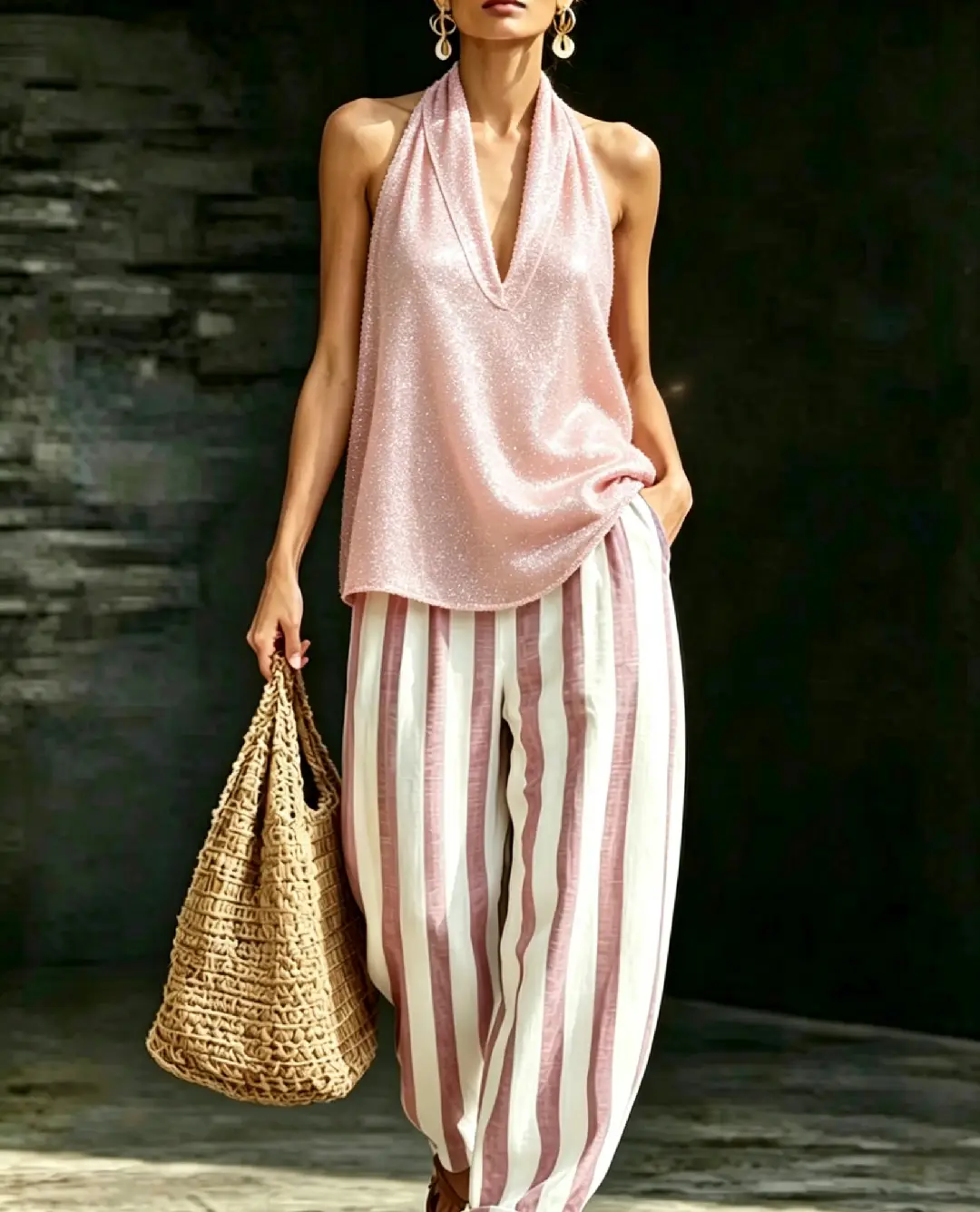 [Copy]Plus Size Friendly Classic Cozy Striped Cotton-linen Two-piece Set