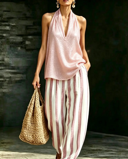 [Copy]Plus Size Friendly Classic Cozy Striped Cotton-linen Two-piece Set