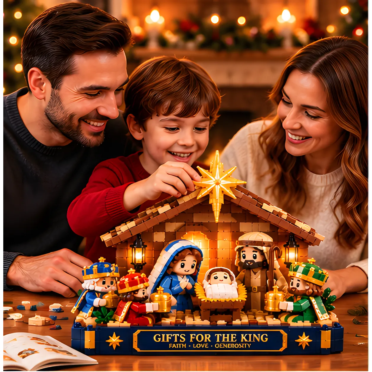 Two adults and a child enjoying a Christmas Nativity brick build, with the child placing the golden star above the brown stable.